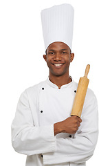 Image showing Portrait, african chef and happy in studio by rolling pin, confident and professional bake in hospitality job. Black man, smile face and service in career pride and uniform by hat by white background