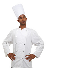 Image showing Man, chef and thinking of idea, professional and confident guy on white studio background. African person, culinary expert and mockup space with career, hospitality industry and employee uniform