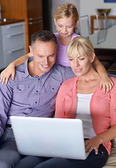 Image showing Family, laptop and parents with girl on sofa in living room of home for entertainment streaming. Love, smile or happy with mother, father and daughter watching online video on computer in apartment