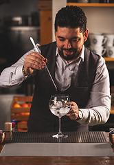 Image showing Barman is making cocktail