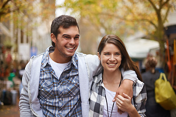 Image showing Happy, walking and couple holding hands, hug and enjoy city date, morning trip and tour of urban Paris for outdoor adventure. Love, travel and bonding boyfriend, girlfriend or people on relax commute