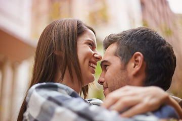 Image showing Love, hug and face of couple laughing together, having fun and enjoy outdoor date with care, support and humour. Comedy, funny joke and happy girlfriend, boyfriend or people bonding in urban city