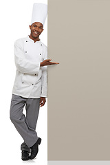 Image showing Poster, portrait and black man chef with hand pointing to studio for checklist, menu or space on white background. Bakery, presentation or baker face with food tips billboard, guide or steps mock up