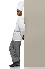 Image showing Portrait, happy man and chef on poster menu in studio isolated on a white background mockup space. Smile, cooking and African person on billboard for advertising, marketing and promotion banner sign