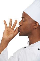 Image showing Man, chef and eyes closed with okay sign, culinary expert and confident guy on white studio background. African person, professional and mockup space with career, food industry and delicious review