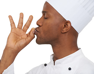 Image showing Black man, chef and eyes closed with perfect sign, close up or confident guy on white studio background. African person, culinary expert and young with career, food industry and employee uniform