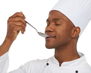 Image showing Recipe, chef and spoon to taste food in studio and hospitality career for creative cooking in restaurant job. Black man, eating or pride by delicious dish or enjoy in catering job by white background