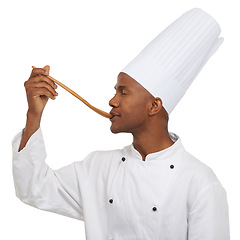 Image showing Recipe, chef and spoon to taste dish in studio and hospitality career for creative cooking in restaurant job. Black man, eating or pride by delicious food or enjoy in catering by white background