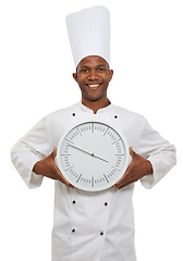 Image showing Chef, portrait and happy man with clock for time, speed or deadline isolated on a white studio background. Face, cooking professional and countdown alarm, schedule or fast African person in catering