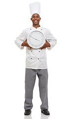 Image showing Chef, clock and portrait of happy black man with time, speed or deadline isolated on a white studio background. Smile, cooking professional and countdown alarm for fast urgency in catering service