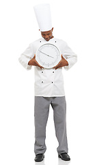 Image showing Chef, smile and man with clock for time, speed or deadline isolated on white studio background. Cooking professional, countdown alarm or fast urgency of African person in restaurant catering service