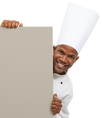 Image showing Portrait, banner or black man chef with studio poster for checklist, menu or space on white background. Bakery, presentation or baker face with food, cooking or tips billboard, guide or steps mockup