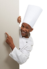 Image showing Portrait, poster and hand pointing by black man chef in studio for checklist, menu or space on white background. Bakery, presentation or baker face with cooking tips billboard, guide or steps mock up