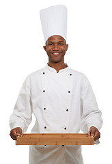 Image showing Portrait, happy chef and tray in studio in hospitality career, young cook and pride in small business entrepreneur. Black man, face or food service in confidence or uniform by hat by white background