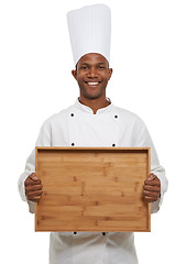 Image showing Portrait, positive chef or tray in studio in hospitality career, cook or pride of empty dish in restaurant startup. Black man, face or serving food in confidence or uniform or hat by white background