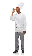 Image showing Chef, man and perfect sign with hands, professional and confident guy on white studio background. African person, culinary expert and mockup space with career, food industry and employee with uniform