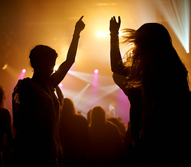 Image showing Crowd, dancing and lights concert or silhouette for live music performance or festival, rock or friends. Audience, dj and stage event for celebration rave or band sound as partying, weekend or night