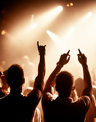 Image showing Friends, dancing and crowd or concert silhouette or live music performance or festival, rock or audio. Audience, dj and stage lights for celebration rave or band sound as partying, weekend or night