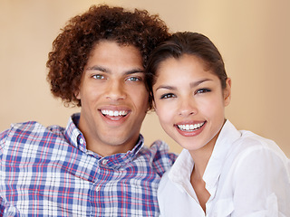 Image showing Couple, bonding and support in studio portrait, love and loyalty in relationship on brown background. People, partnership and relaxing together, security and trust in marriage commitment or care