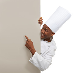 Image showing Banner, hand pointing or black man chef with studio poster for checklist, menu or space on white background. Bakery, presentation or baker with food, cooking or tips billboard, guide or steps mockup