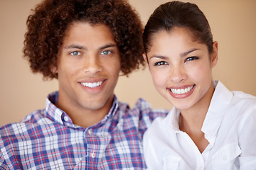 Image showing Couple, bonding and care in studio portrait, love and loyalty in relationship on brown background. People, partnership and relaxing together, security and trust in marriage commitment or connection