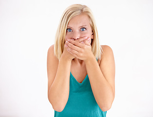 Image showing Gossip, portrait and woman cover mouth in surprise for announcement in studio on white background. Wow, shocked and girl with wtf, fake news or omg expression for crazy secret, mistake or drama