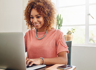 Image showing Smile, typing or woman with laptop for research, editing or copywriting on blog or website. Happy African person, internet or female worker in workplace working on update, networking or reading news