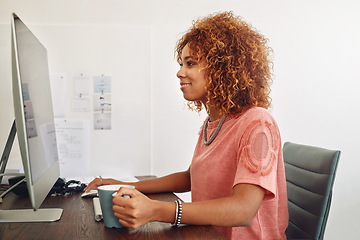 Image showing Web design, coffee or woman with computer for research, editing or copywriting on blog or website. Happy African person, internet or worker in office, working on update, networking or reading news