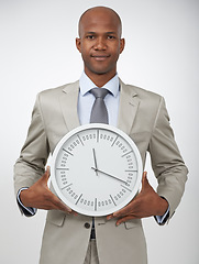 Image showing Businessman, portrait and clock time for corporate professional lawyer for work deadline, hurry or punctual. Black person, face and white background in studio for company efficient, hour or mockup