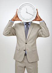 Image showing Person, face and business or clock for deadline as law attorney for corporate overtime, punctual or hurry. Employee, hands and white background in studio as mockup for hour schedule, pressure or late