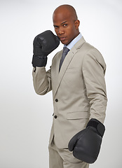 Image showing Boxing gloves, studio portrait and black man, business fighter or attorney fight injustice or government law. Battle, boxer and person for legal defence, protection or challenge on white background