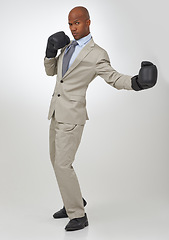 Image showing Boxing, gloves and portrait of professional black man, fighter or attorney battle for justice, government law or legal work. Boxer, studio and advocate for constitution defence on white background
