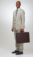 Image showing Businessman, portrait and briefcase in studio confidence as professional law attorney for corporate, career or white background. Male person, bag and client trust or working, employee or mockup space