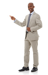 Image showing Businessman, portrait and pointing for advertising or marketing in fashion on a white studio background. Black man or employee showing presentation, deal or information in business clothing on mockup