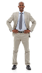 Image showing Businessman, portrait and smile confidence in studio as professional law attorney, opportunity or white background. Black person, hands on hips and model face for pride, corporate or mockup space