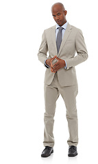 Image showing Portrait, business fashion and black man confident in professional suit, studio outfit or fashionable apparel. Corporate career, company dress code and stylish agent assertive on white background