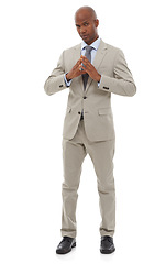 Image showing Portrait, business fashion and black man confident in professional suit, studio outfit or fashionable clothes. Serious, dress code and legal attorney with Hakini Mudra gesture on white background