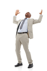 Image showing Business, employee or black man with celebration, excited or worker isolated on white studio background. African person, model or entrepreneur with achievement, success or winner with victory or deal