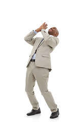 Image showing Business, entrepreneur or black man with celebration, winning or worker isolated on white studio background. African person, model or employee with achievement, success or bonus with victory or deal
