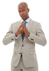 Image showing Portrait, corporate fashion or black man confident in professional suit, studio outfit or formal clothes. Business attire, style or serious African agent with Hakini Mudra gesture on white background