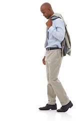 Image showing Businessman, thinking and walking or corporate decision as lawyer for future growth, problem solving or opportunity. Male person, blazer and white background in studio or question, thoughts or mockup