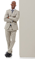 Image showing Happy businessman, portrait or leaning on wall in confidence with arms crossed on a white studio background. Young black man or professional employee smile in business fashion or suit on mockup space