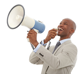 Image showing Happy black man, megaphone and business announcement for communication on a white studio background. African person, employee or businessman smile with loudspeaker for alert or notification on mockup