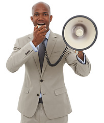 Image showing Megaphone, portrait or African businessman shouting or talking in studio on white background. Professional worker screaming with speaker for corporate announcement, breaking news or communication