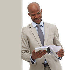Image showing Studio, notebook and professional black man reading commercial info, corporate notification or mockup sales promo. Banner space, billboard and accountant check tax invoice journal on white background