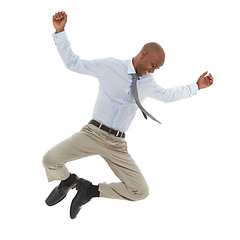 Image showing Happy black man, jump and joy for business, success or celebration on a white studio background. Excited young African male person leaping with smile in fashion or formal clothing on mockup space