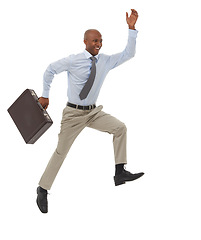 Image showing Happy businessman, jump and suitcase in joy for success or celebration on a white studio background. Excited young African male person leaping with smile in fashion or formal clothing on mockup space