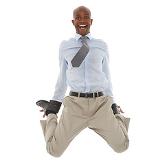 Image showing Happy black man, portrait and jump for business, success or celebration on a white studio background. Excited African male person leaping with joy and smile in fashion or formal clothing on mockup
