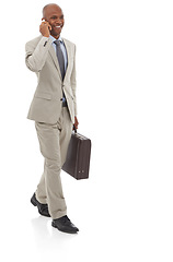 Image showing Happy businessman, phone call and walking with suitcase for discussion on a white studio background. Black man or employee smile talking on mobile smartphone with briefcase in conversation on mockup