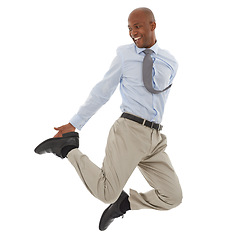 Image showing Happy businessman, jump and joy for success, freedom or celebration on a white studio background. Excited young black man leaping with smile in business fashion or formal clothing on mockup space